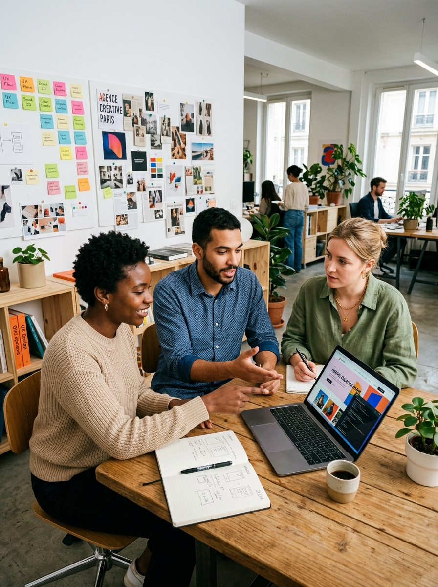 Étudiants en formation design graphique travaillant sur des projets de communication visuelle à l'École Intuit Lab Paris