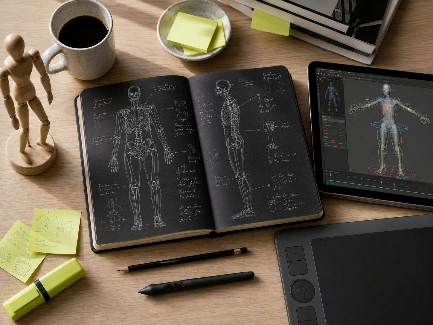 Squelette de rigging 3D visible dans un logiciel d'animation avec bones et contrôles