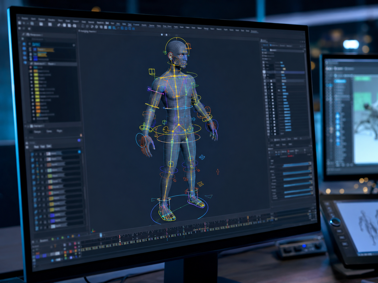 Bureau de travail d'un rigger 3D avec croquis d'anatomie et interface de logiciel de rigging