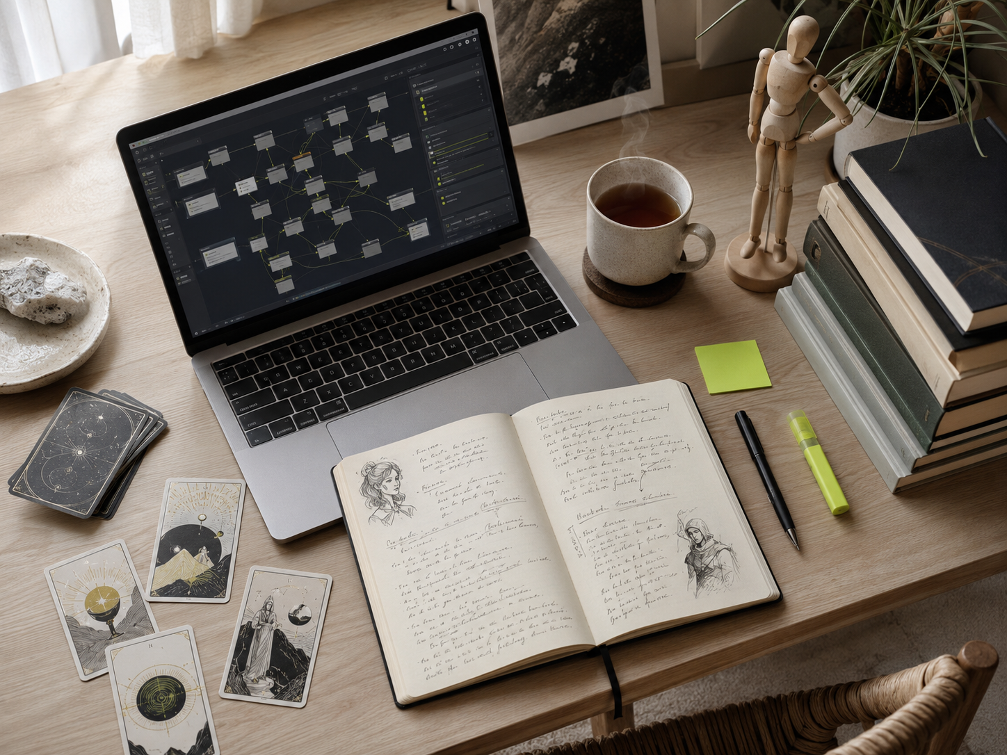 Bureau de travail d'un narrative designer avec carnet, dialogues et outils de conception narrative