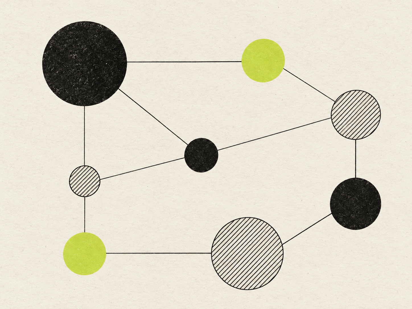 Illustration abstraite de huit cercles de tailles différentes reliés par des traits fins, certains noirs, deux en vert anis