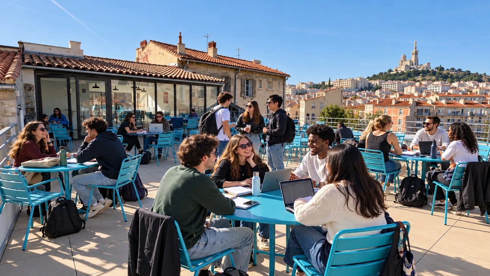 Students on a rooftop terrace in Marseille