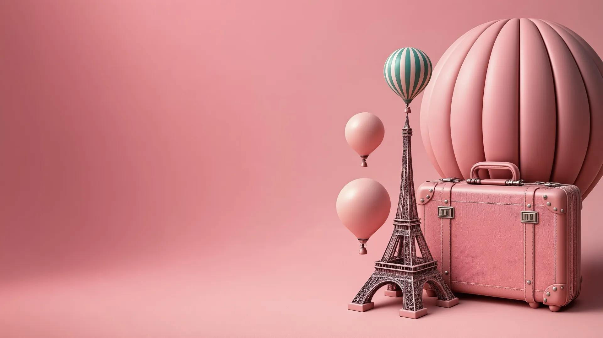 Eiffel Tower, suitcase and hot-air balloon on a pink background