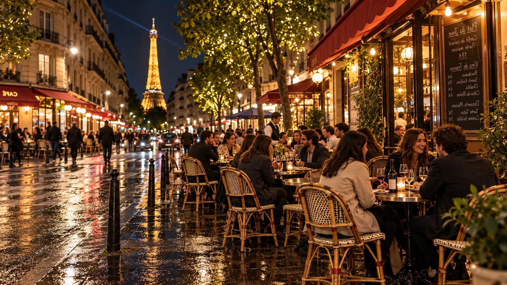 A Paris café terrace at night with the Eiffel Tower in the distance