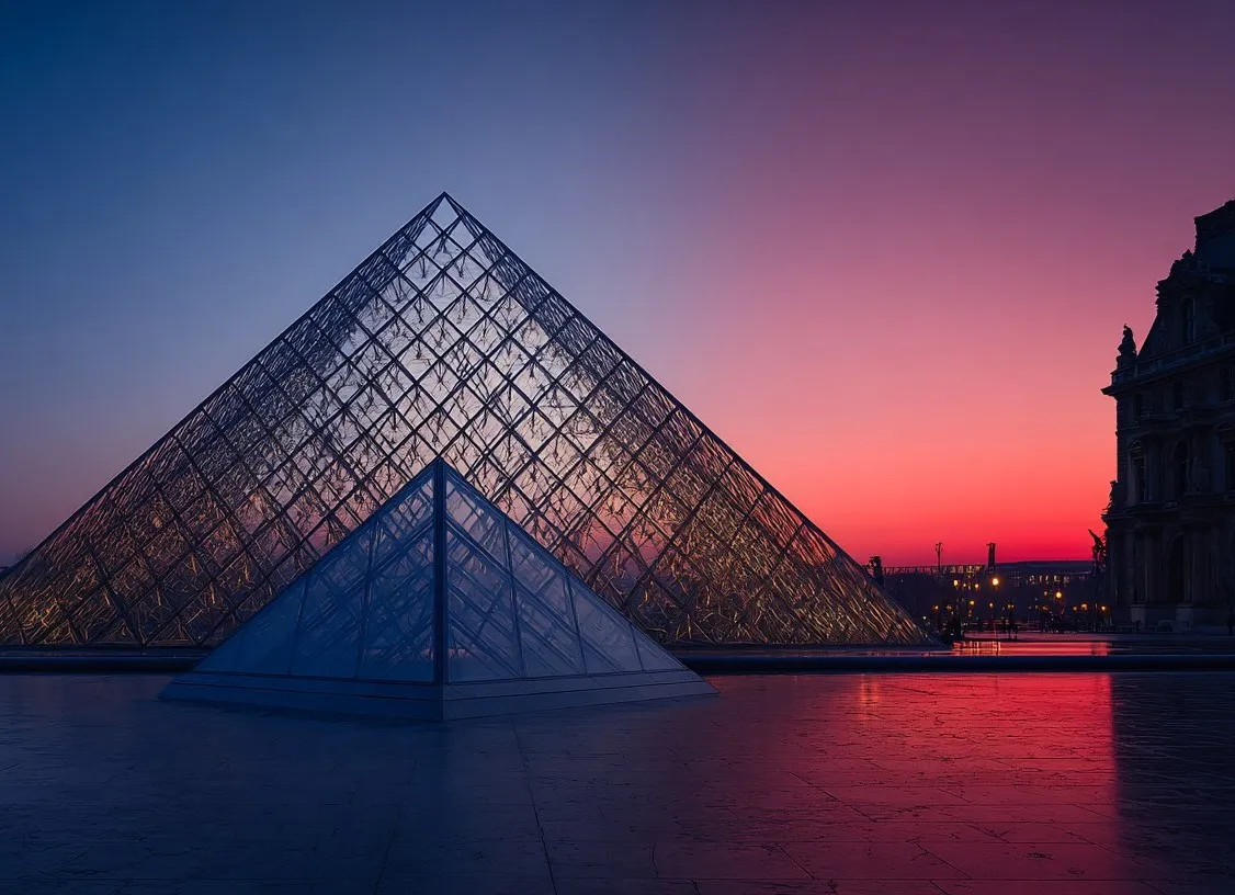 The Louvre pyramid in Paris at sunset